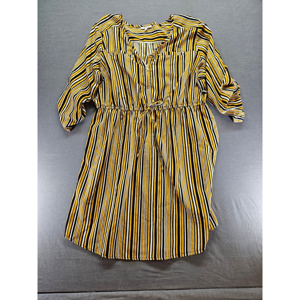 MPH Collection Womens 3X Yellow Black Striped Drawstring Waist Tunic Dress